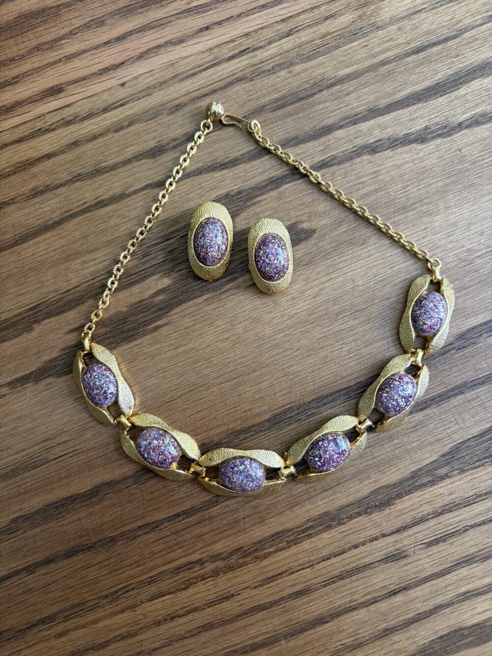 Vintage 1950s Coro Necklace Gold Pink Confetti Necklace And Earring Set
